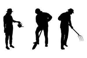 Man with Shovel Silhouettes Set Worker and Farmer in Various Poses vector
