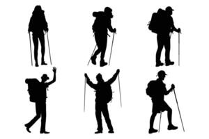 Hiking and Climbing Silhouette Set Design with Backpacker Icons and Mountaineer Poses Isolated on White vector