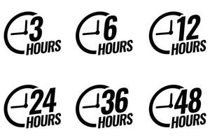 Work Time Icons 3, 6, 12, 24, 36, 48 Hours Clock with Arrow. Delivery and Service Time Sign. Illustration vector