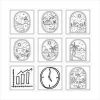 Minimalist Outline Illustration Set Featuring Nature Scenes And Abstract Concepts In Black And White vector