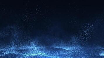 Waves of swirling blue particles floating in the air. Abstract motion background animation with a flowing blue fractal light wave of glowing blue light particles with shallow depth of field. video