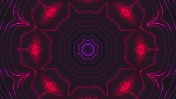 Abstract mandala pattern background with glowing red and pink neon energy light beams. This kaleidoscopic spiritualism background is full HD and a seamless loop. video