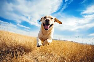 Happy dog running and jumping in a field under blue sky photo