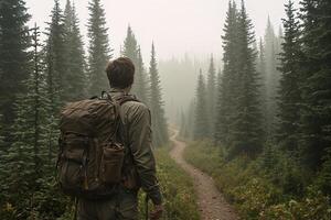 Hiker contemplating foggy path in misty pine forest photo