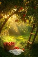 Red apples hanging from tree branches in orchard during harvest season photo