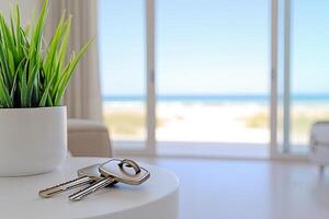House keys resting on table overlooking tranquil beach view photo