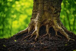 Large tree roots growing in fertile soil in lush forest photo