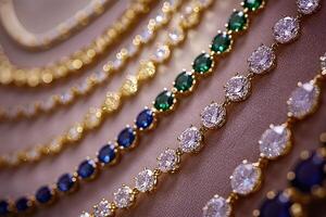 Gold chains sparkling with diamonds, emeralds, and sapphires create a luxurious display photo