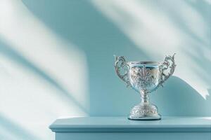 Silver trophy stands on shelf with dramatic lighting, award for achievement and excellence photo