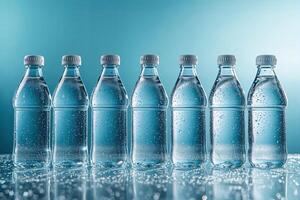 Refreshing water bottles covered with condensation on blue background photo