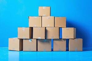 Stack of cardboard boxes forming a pyramid on blue background photo