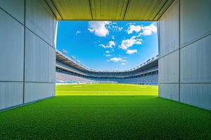 Empty stadium field seen from players tunnel on a sunny day photo