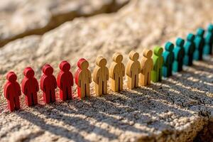 Wooden figures forming a diverse team on textured surface photo