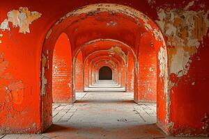 Diminishing perspective of red arches in abandoned building photo