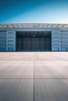 Large empty hangar with open door and concrete apron on sunny day photo