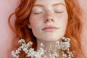 Redhead model posing with eyes closed and white flowers photo