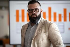 Businessman presenting growth data on a whiteboard during a presentation photo