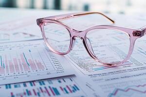 Pink eyeglasses resting on financial reports showing growth photo