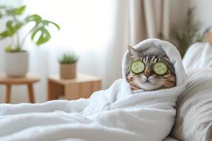 Cat relaxing in spa with cucumber slices on eyes and towel on head photo