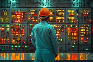 Industrial engineer monitoring control panel in factory control room photo
