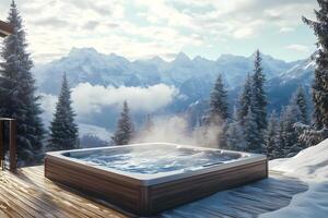 Steaming hot tub overlooking snow covered mountains in winter photo