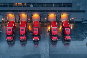 Red trucks parked in front of loading docks at distribution center during rain photo