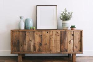 Modern interior design featuring empty frame, plants, and vases on rustic wooden cabinet photo