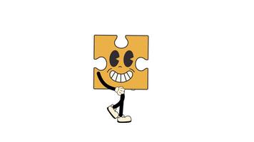 Groovy retro cartoon puzzle walking in a seamless loop animation with transparent background. video