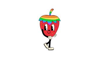 Groovy retro cartoon rainbow Strawberry walking in a seamless loop animation with transparent background. video