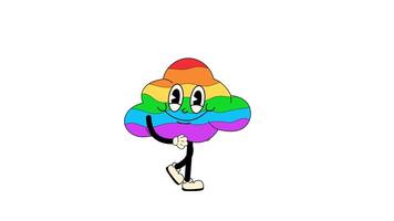 Groovy retro cartoon cloud rainbow walking in a seamless loop animation with transparent background. video