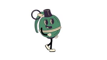 Groovy retro cartoon Grenade walking in a seamless loop animation with transparent background. video
