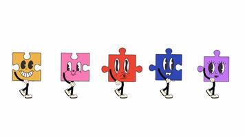 Groovy Retro Cartoon Set of Funny Puzzle Pieces. Walking Loop Animation video