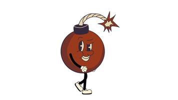 Groovy retro cartoon bomb walking in a seamless loop animation with transparent background. video