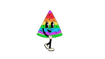 Groovy retro cartoon rainbow watermelon walking in a seamless loop animation with transparent background. video