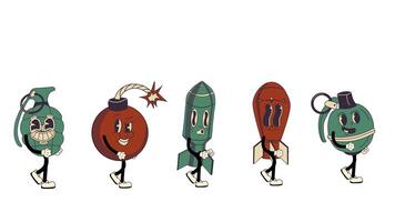 Groovy Retro Cartoon Rocket, Grenade, and Bomb Characters. Walking Loop Animation video