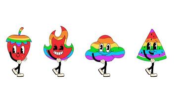 Set of Groovy Retro Cartoon Stickers. Rainbow Fire, Cloud, Watermelon, and Strawberry Walking Loop Animation video