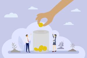Business Investment Growth Concept with Teamwork, Minimalist Flat Illustration of Hand Putting Coin into Piggy Bank with Business People Collaborating and Saving Together vector