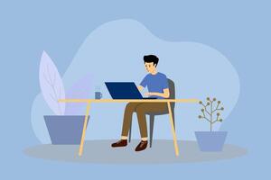 a man is working using a laptop. on the table using a laptop. flat concept. working from home. vector