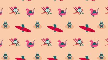 Cartoon frogs in different beach poses, enjoying summer activities. Old animation Loop Background. video