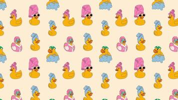 Rubber ducks enjoying a spa day, featuring scenes with towels, shower caps, bubbles, and calm expressions. Old animation Loop Background. flat cartoon animation design element. video