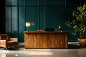 Modern hotel reception desk with elegant lamps and green wall photo