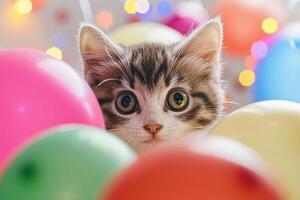 Cute kitten hiding behind colorful balloons and festive lights photo