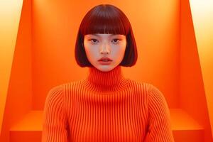 Fashion model posing in orange monochromatic studio setting photo