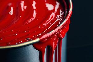 Red paint dripping from a paint can, vibrant and glossy photo