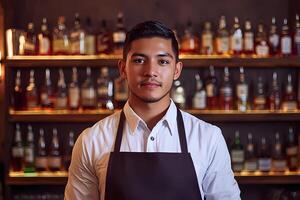 Bartender wearing apron posing in front of shelves with bottles in a bar photo
