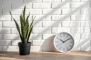 Modern clock and sansevieria plant creating a cozy atmosphere photo