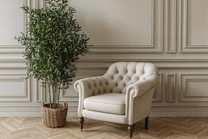 Elegant armchair and olive tree creating relaxing atmosphere in classic interior design photo
