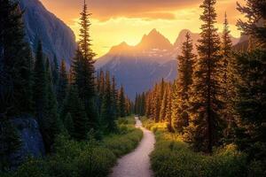 Winding hiking trail through pine forest at sunset in the mountains photo