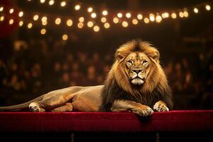 Majestic lion resting on stage in circus tent with sparkling lights photo