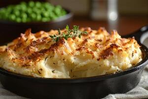 Shepherd's pie with golden brown mashed potato topping and fresh thyme photo